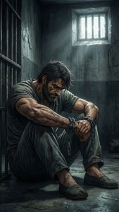 一個被鎖鏈鎖住的囚犯坐在一個昏暗的監獄牢房裡，上方有一個鐵窗。