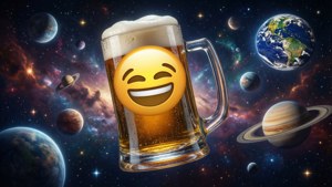 笑臉表情符號在啤酒杯上漂浮於行星和星星之間