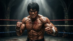 在戲劇性燈光下，拳擊擂台上的血跡斑斑鬥士。