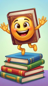 一個快樂的書本表情符號在一堆色彩繽紛的書本上方跳躍。