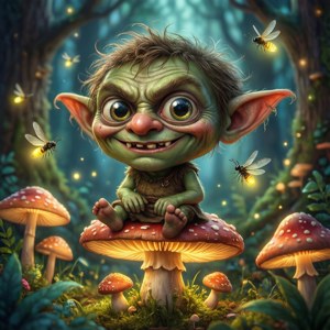 一個微笑的哥布林小孩坐在發光的蘑菇上，在一個有螢火蟲和蜜蜂的魔法森林中。