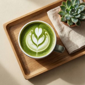 木托盤上帶有葉子藝術的抹茶拿鐵，旁邊有多肉植物。 — Pixel Watch 4 壁紙