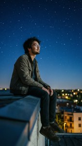 戴眼鏡的年輕男子坐在屋頂上，夜晚看著城市燈光上的星星。