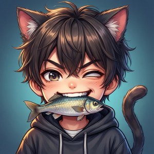 有貓耳和貓尾的動畫男孩叼著一條魚。