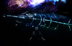 穿深色外套的人凝視著星空宇宙中發光的未來太空船。 — Steam Deck 壁紙
