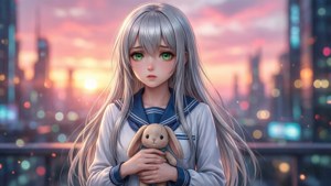 銀發動漫少女在閃耀的城市夕陽前抱著兔子毛絨玩具。
