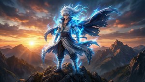 動漫戰士帶著藍色能量站在夕陽下的山頂上。