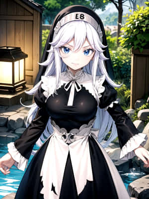 銀髮藍眼的動漫女僕站在花園的泳池旁。 — Galaxy Z TriFold 壁紙