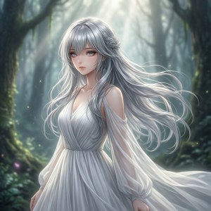 銀髮動漫女孩穿著白色長袍，站在神秘森林中，沐浴在光芒中。