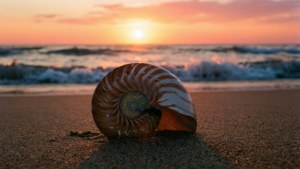 沙灘上的鸚鵡螺殼，夕陽與海浪