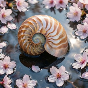 鸚鵡螺殼漂浮在水面上，周圍有櫻花 — Pixel Watch 3 壁紙