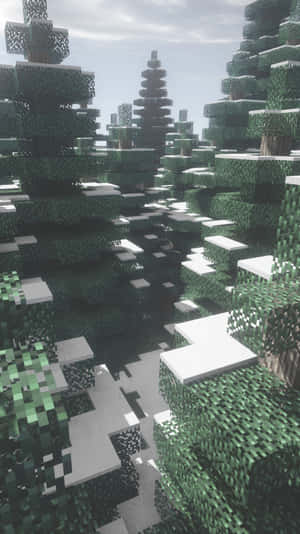 Minecraft風格森林中，被雪覆蓋的方塊狀綠色樹木。