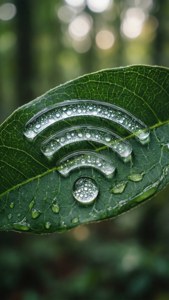 一片綠色葉子上形狀像 Wi-Fi 符號的水滴。