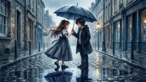 兩個動漫風格的青少年在雨夜的城市街道上一起撐傘。