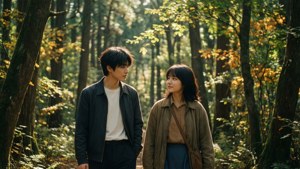 一名年輕男子和女子一起穿過陽光斑駁的秋日森林。