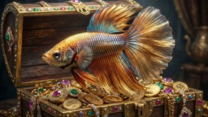 一條色彩繽紛的鬥魚坐在一個裝滿金幣和寶石的寶箱上。