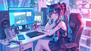 擁有貓耳的動漫女孩在發光的顯示器和揚聲器的桌前玩遊戲。 — 動漫房間 壁紙