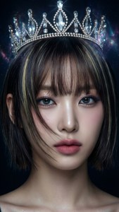 一位短黑髮帶金色條紋的女性，在宇宙星空背景下戴著閃閃發光的鑽石頭飾。