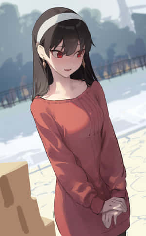 紅眼白頭帶的動漫女孩在陽光明媚的日子裡站在水邊。