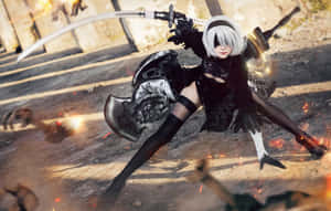 穿著黑白2B服裝的cosplayer在戰鬥場景中揮劍，火花四濺。