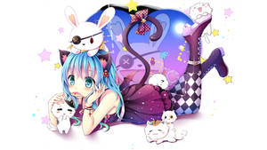 藍髮貓耳動漫女孩被白貓和星星包圍。