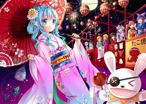 穿著粉紅色和服的動漫女孩參加有煙火和兔子吉祥物的日本祭典。