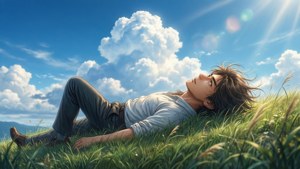 年輕男子在草地上休息，天空晴朗有雲
