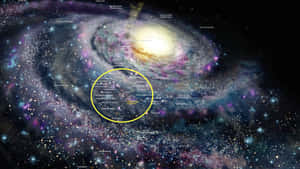 一個帶有標籤的螺旋星系，在深空中擁有色彩繽紛的星團和星雲。