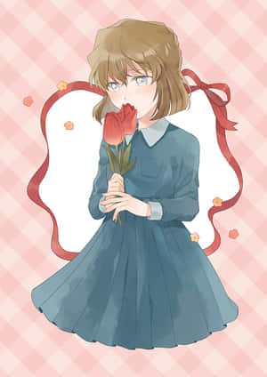 動漫女孩穿著藍色連衣裙，拿著紅色鬱金香，背景為粉紅色格子和紅色絲帶框架。 — 尚氣 壁紙