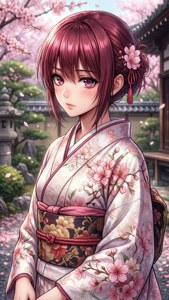 穿著櫻花和服的動漫女孩在日本花園中