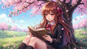 動漫女孩穿著校服在櫻花樹下閱讀，花瓣飄落。