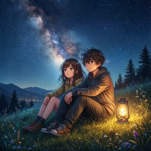 兩個年輕人一起坐在山坡上，星空下有一盞發光的燈籠。