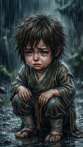 一個小孩在雨中哭泣，穿著破爛的衣服和涼鞋
