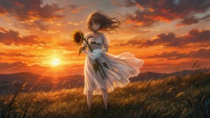 穿白色連衣裙的女孩在日落時分的金色田野中手持向日葵