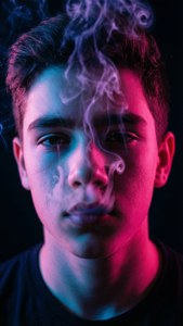 年輕男子在霓虹粉紅和藍色燈光下呼出煙霧。