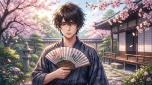 年輕動漫男子穿著和服，在櫻花下拿著扇子，位於日本庭園。