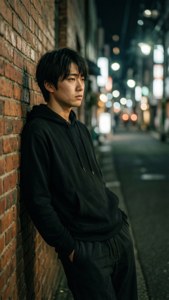 年輕男子在霓虹燈照亮的城市小巷中靠在磚牆上。