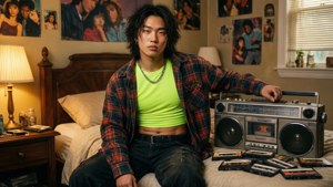 穿著格子襯衫和綠色上衣的年輕男子坐在床上，旁邊有手提音響和卡式錄音帶。