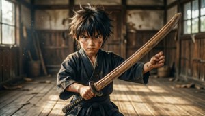 年輕武士男孩身穿黑袍，在塵土飛揚的木製道場中手持木劍