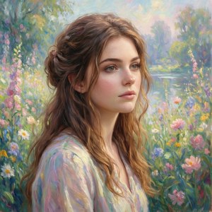 年輕女性在河流旁色彩繽紛的野花田中。
