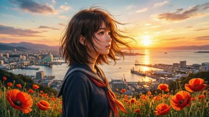 穿著水手服的年輕動漫女孩站在罌粟花田中，俯瞰著日落下的沿海城市。