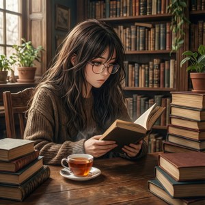 年輕女性在舒適圖書館中，被書籍包圍，一邊看書一邊喝冒煙的茶。 — Huawei nova Flip S 壁紙