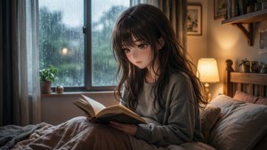 年輕女子在溫馨的雨夜臥室裡看書，燈光溫暖。