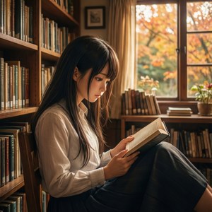 年輕女性在舒適的圖書館裡看書，窗外可見秋葉。