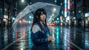一個穿著校服的女孩在夜晚霓虹燈的雨中城市裡撐著雨傘。