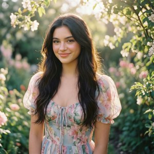 穿著花卉連衣裙的年輕女性在陽光花園中微笑，周圍鮮花盛開。