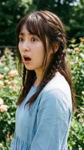 年輕女子穿著藍色連衣裙，在陽光明媚的日子裡在玫瑰園中顯得驚訝。