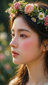 年輕女性在陽光明媚的花園中戴著花冠