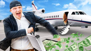 穿西裝的男子在停機坪的私人飛機前扔錢。