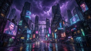 未來主義的城市街道，夜晚，霓虹燈在潮濕的路面上反射，暴風雨天空下。
